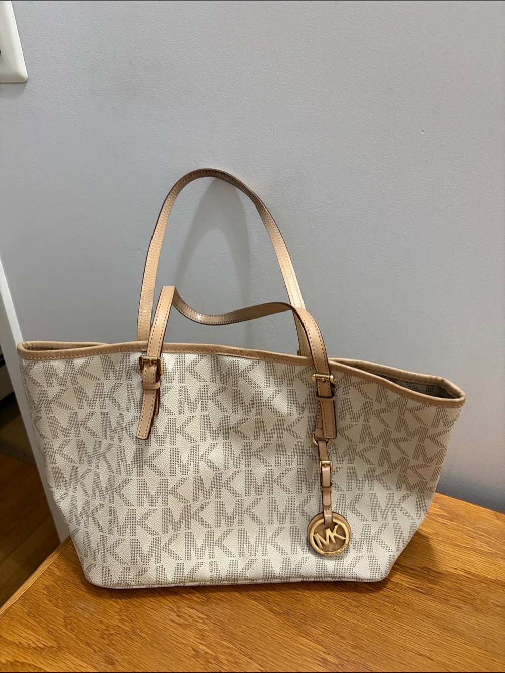 Michael Kors Cream MK Logo Tote with Tan Leather Trim